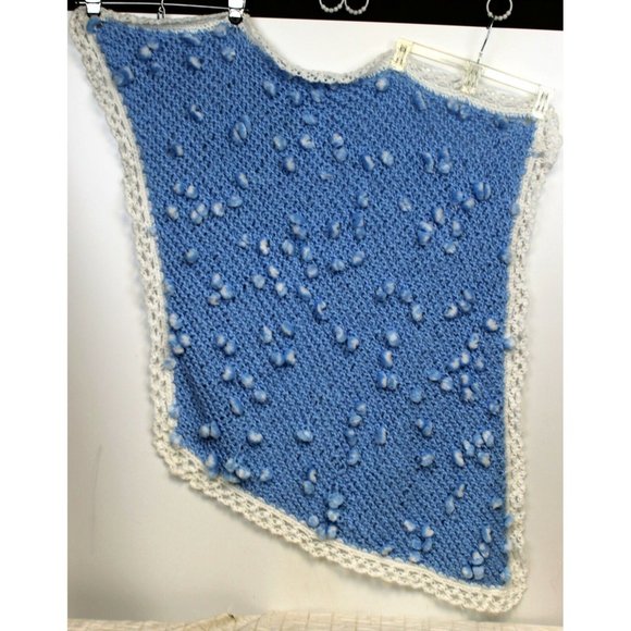 Handmade Blue and White Knitted Baby Blanket with Pompom Accents Super Soft - Picture 1 of 7